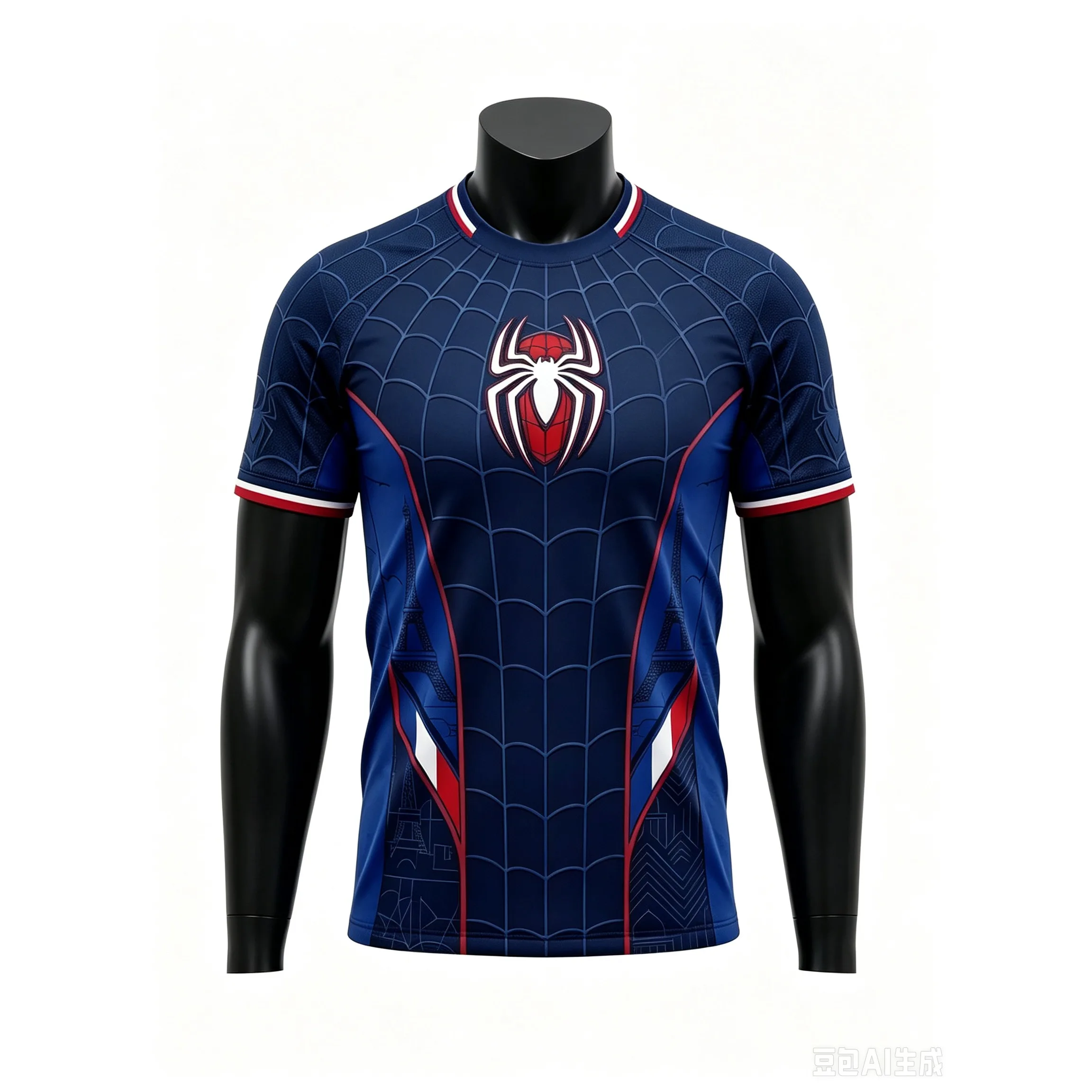 Eltern-Kind Spider Hero 3D-Druck Fußballtrikot Marineblau Netzmuster Kurzarm T-Shirt 100% Polyester Familien-Set – Detail 6