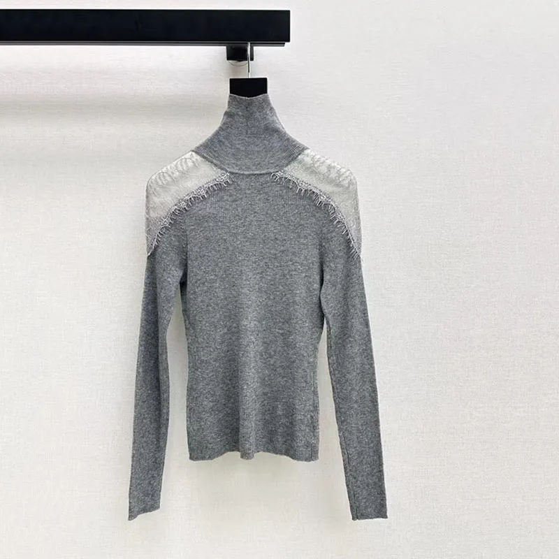 سترة نسائية ذات طبقة أساسية عالية الرقبة من الدانتيل، بلوفر علوي أنيق ومتعدد الاستخدامات، سترة صوف مميزة، وصل حديثًا ربيع 2026