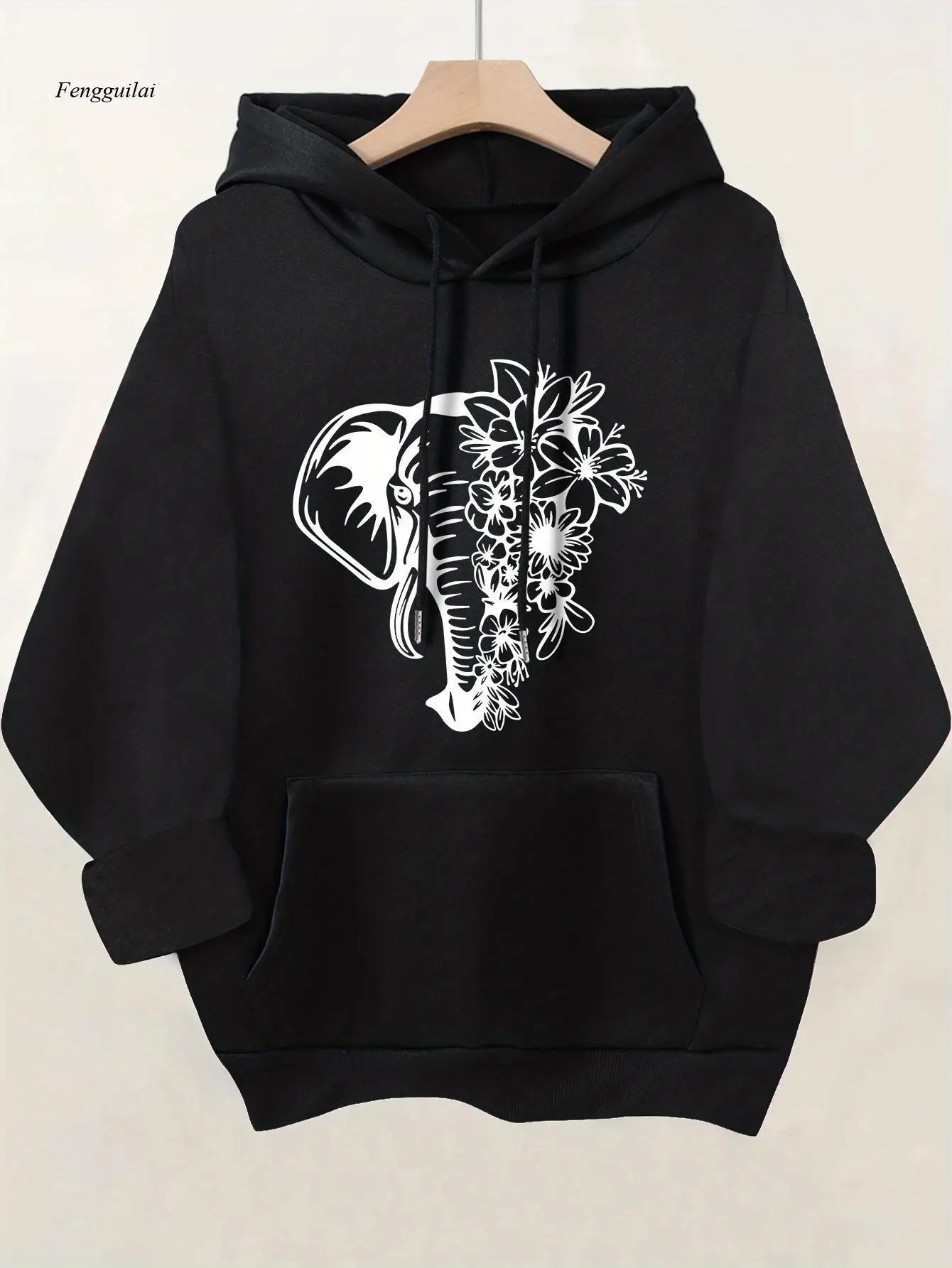 

Черно-белая толстовка с капюшоном и принтом слона | Мягкий теплый зимний пуловер с принтом слона и бивня на спине