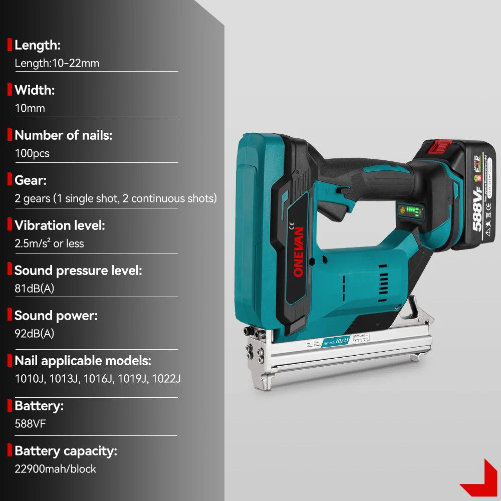 ONEVAN 2Gear Brushless Electric Nail Gun 1022J U Nailer Cordless Stapler Nailer Wookworking Tool For Makita 18V Battery Pin