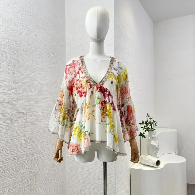 

2024 New Arrivals High Quality Flowers Colors Print 3/4 Batwing Sleeves V Neck Diamonds Pressed Blouse Tops