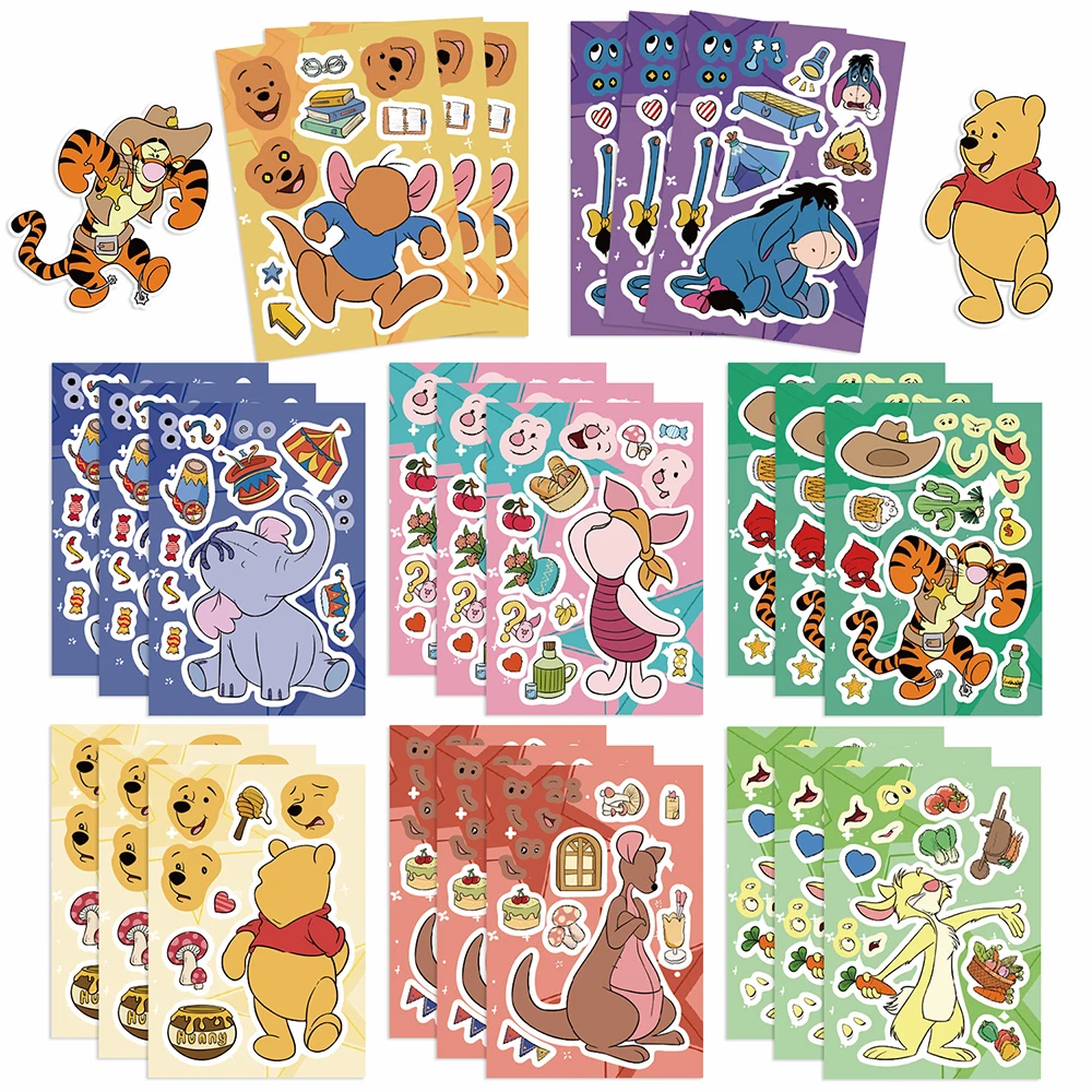 8/16Sheets Disney Pooh Bear Make a Face Puzzle Stickers Children Funny Jigsaw Assemble Toys Kids Games DIY Party Decoration Gift