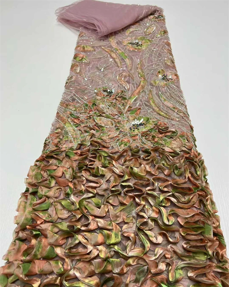 Tessuto di pizzo tulle francese ricamato 3D elegante africano nigeriano di alta qualità con paillettes per feste e matrimoni
