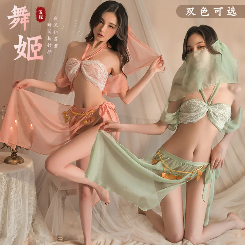 Female Retro Transparent Erotic Lingerie Hot Sexy Hanfu Uniform Role-playing Belly Band Seduction Strong Sexual Fantasia Desire