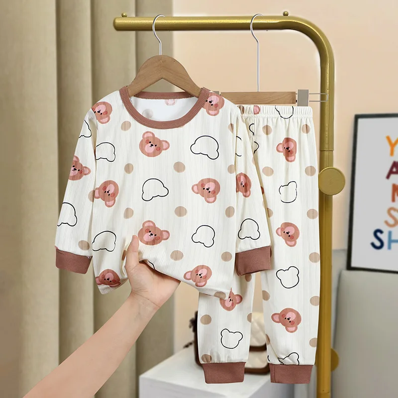 Set pakaian piyama lengan panjang bayi, set baju tidur balita, atasan kaus lengan panjang kartun, baju tidur anak laki-laki dan perempuan