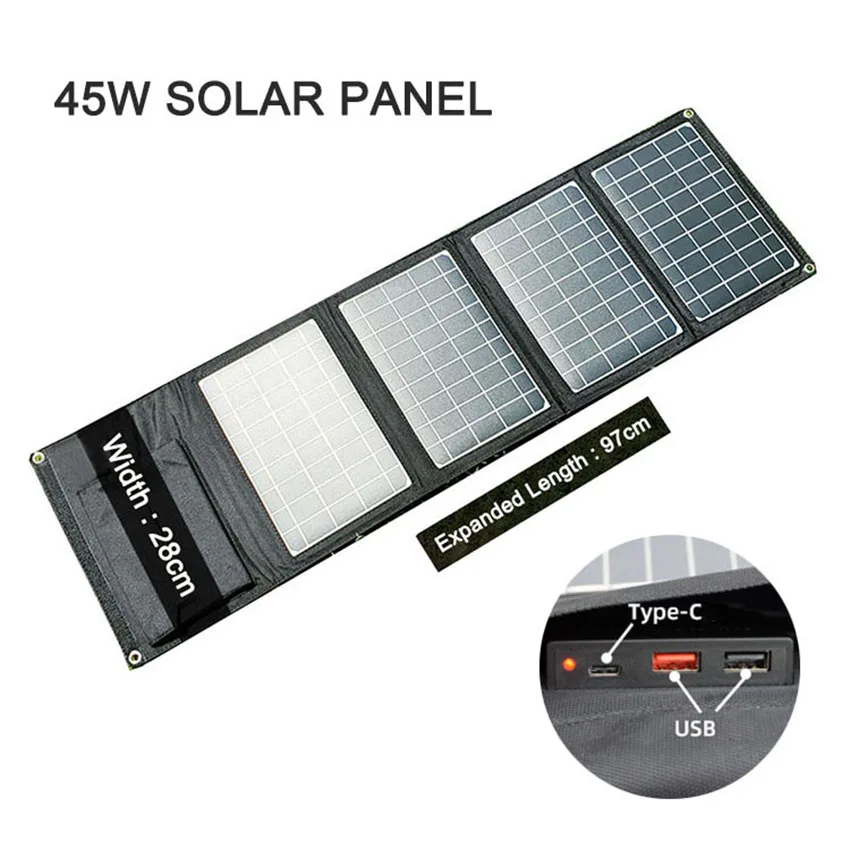 45W Folding Solar Panel Solar Folding Pack 45W Type C PD USB QC3.0 Fast Charger Outdoor Waterproof Portable Solar Bag