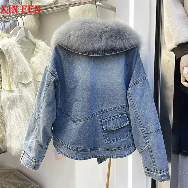 European 2023 Winter New Luxury Fox Fur Big Fur Collar Denim Down Jacket Short Casual White Goose Down Warm Women Jacket  Parka