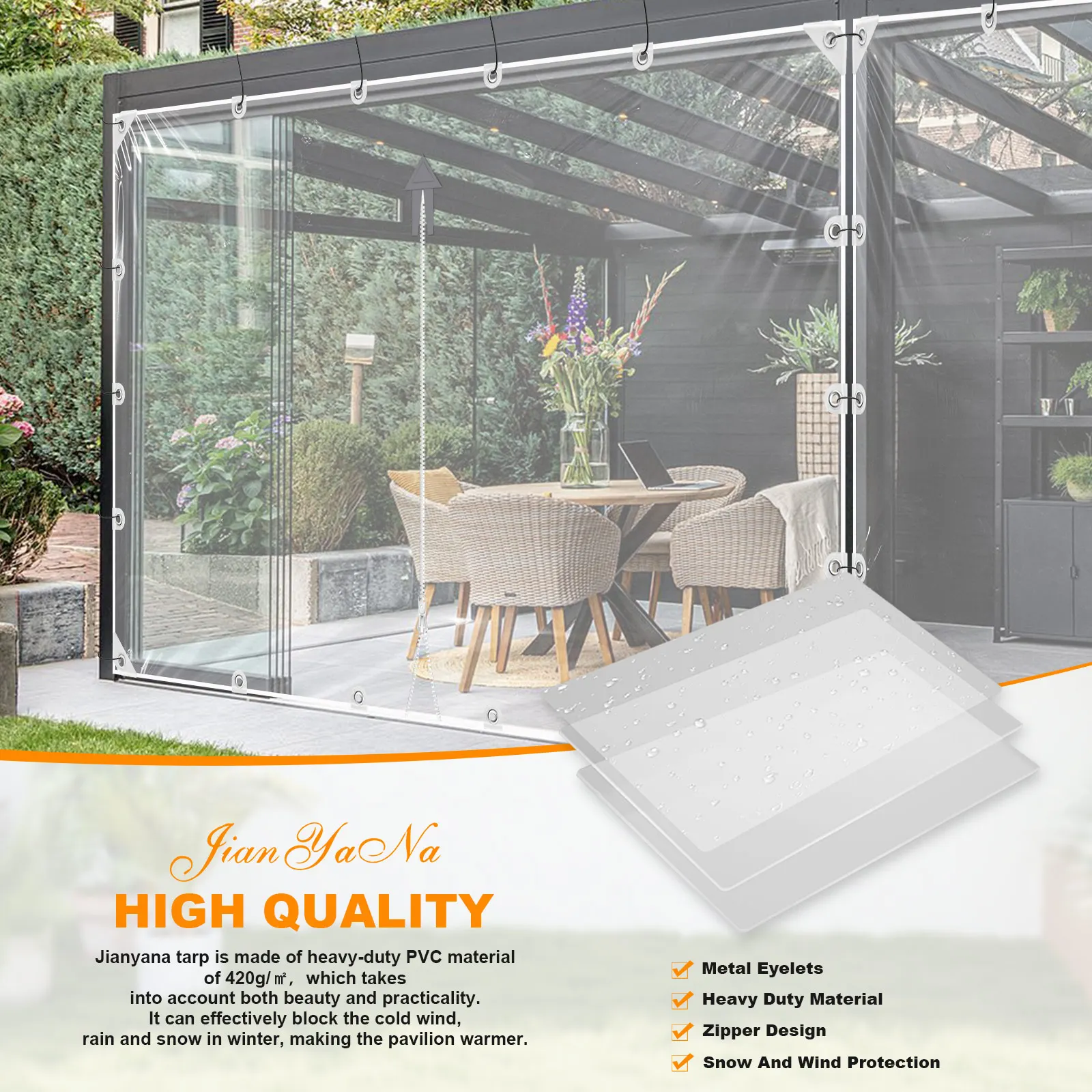 Transparente PVC-Reißverschlussvorhänge für Gartenpavillons, 420 g/m², wetterfeste Plane, alle Ösen verstärkt für zusätzliche Festigkeit, doppelseitiger Reißverschluss, wind- und UV-beständig,