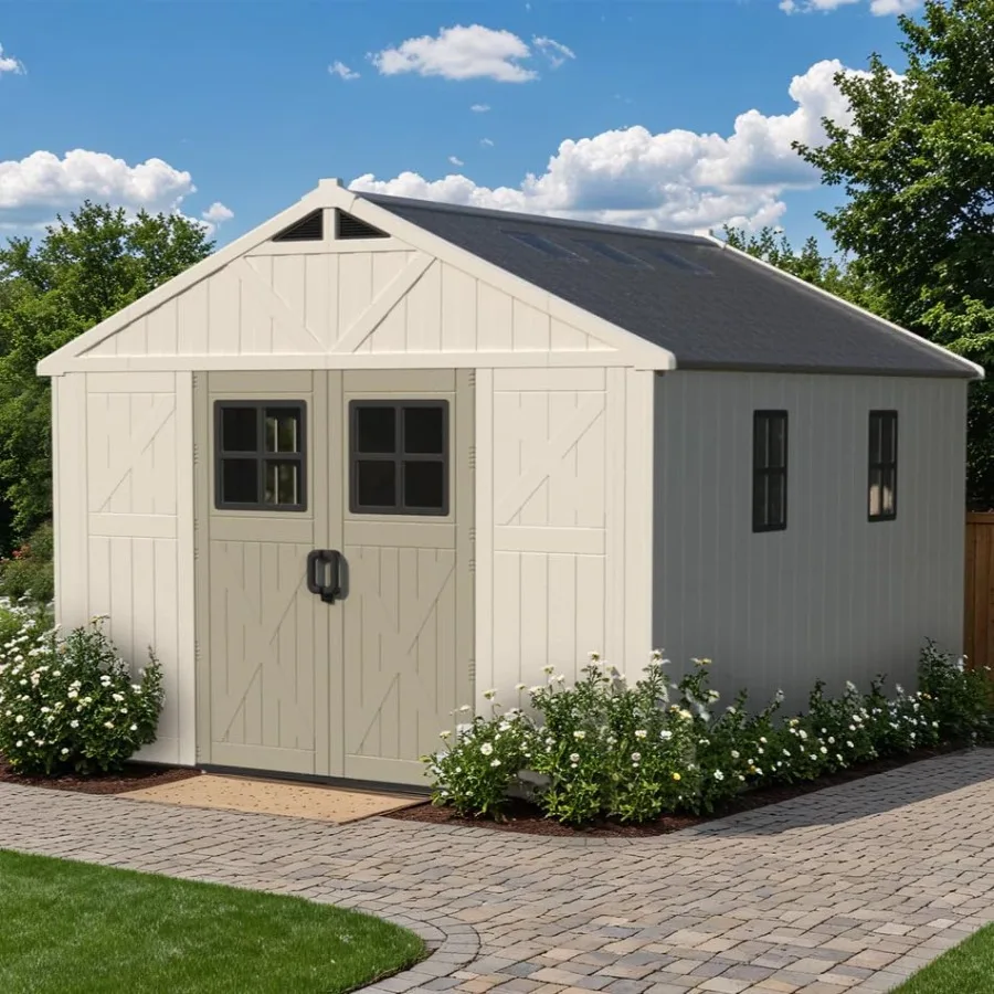 Outdoor resin storage with floor and skylight for feet storage, beige color, weather-resistant and durable