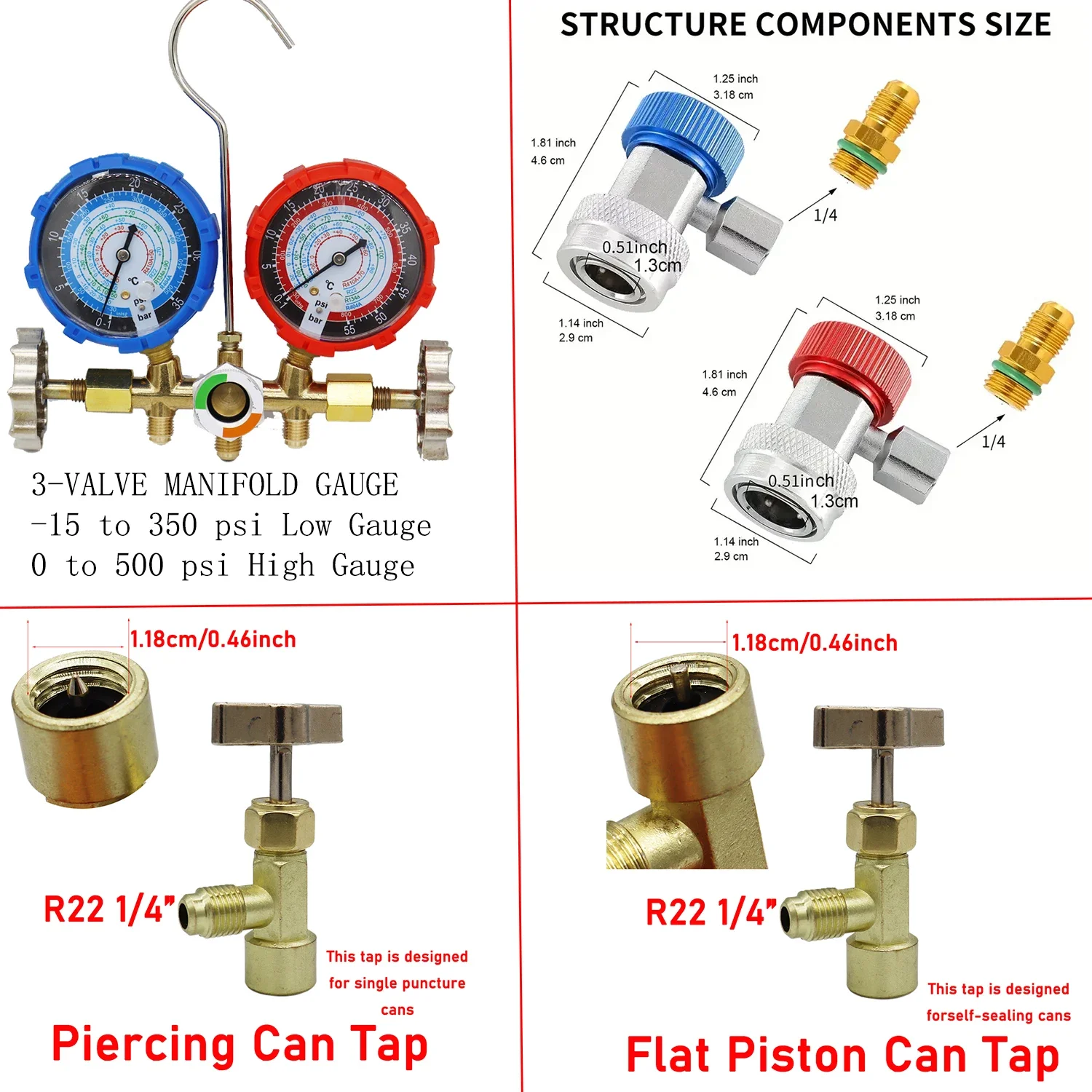 Refrigerant Manifold Meter Kit for automotive air conditioning charging of R410A, R22, R134a, R404A refrigerants