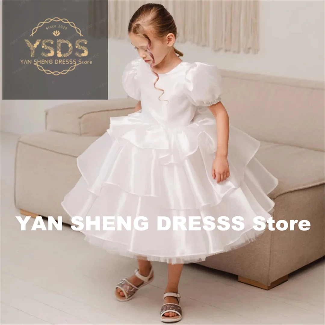 Customized Flower Girl Dresses White Puffy Tiered With Bow Short Sleeve For Wedding Birthday Party Banquet Holy Communion Gowns