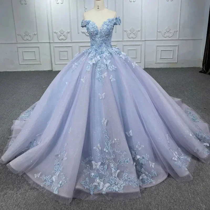 Angelsbridep Lichtblauwe Off-Shoulder Quinceanera Jurken Baljurk Vestidos De 15 Anos Kant 3d Vlinder Formeel Prinsessenfeest