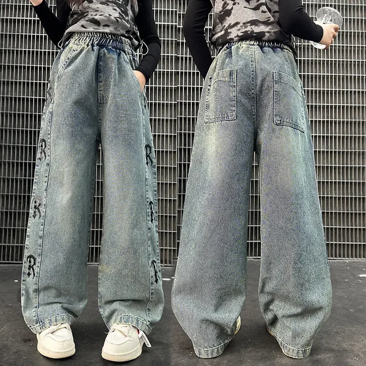 

Fashion Loose Denim Pants Kids Teenager High Waist Retro Jeans Trousers Spring Child Wide Leg Jeans with Bow for Girls