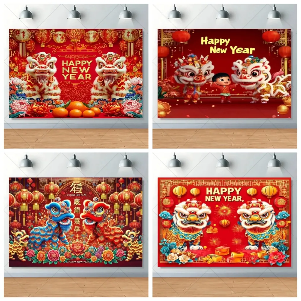 

2026 Welcoming Chinese New Year Theme Backdrop, Lion Dance Red Gold Lantern Banner, Traditional Spring Festival Lantern Backdrop