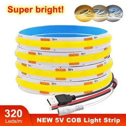 DC 5V LED COB Strip Light USB 2pin DC Plug Connector 3000K 4000K 6000K 320 LEDs Flexible Tape Decor High Density Linear Lighting