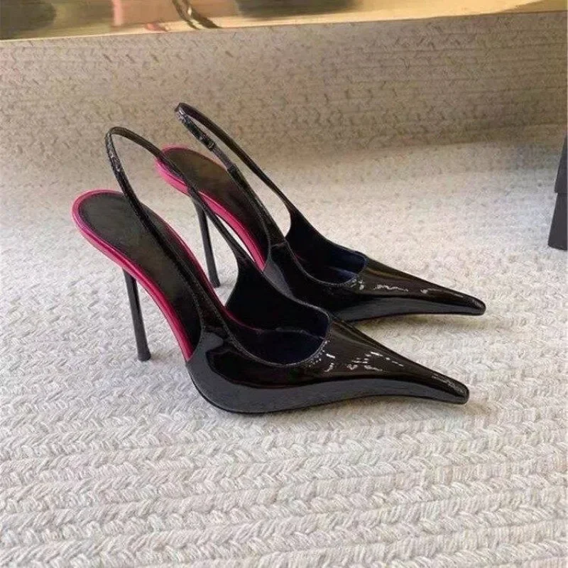 Modische Damen Slingbacks mit dünnem Absatz, schwarze Lackleder-Partykleider-Absätze
