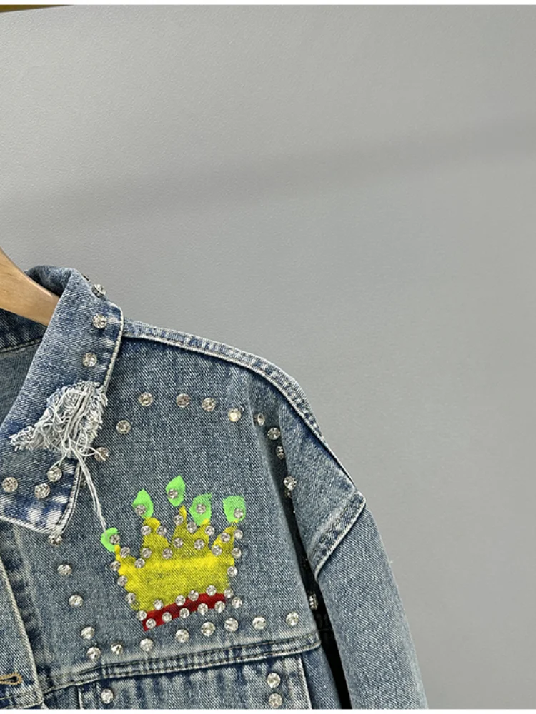 Spring Autumn Rainbow Color Doodle Beaded Denim Coat Gemstones Rivets Jeans Jacket Crystal Cowboy Streetwear Cardigan Tops