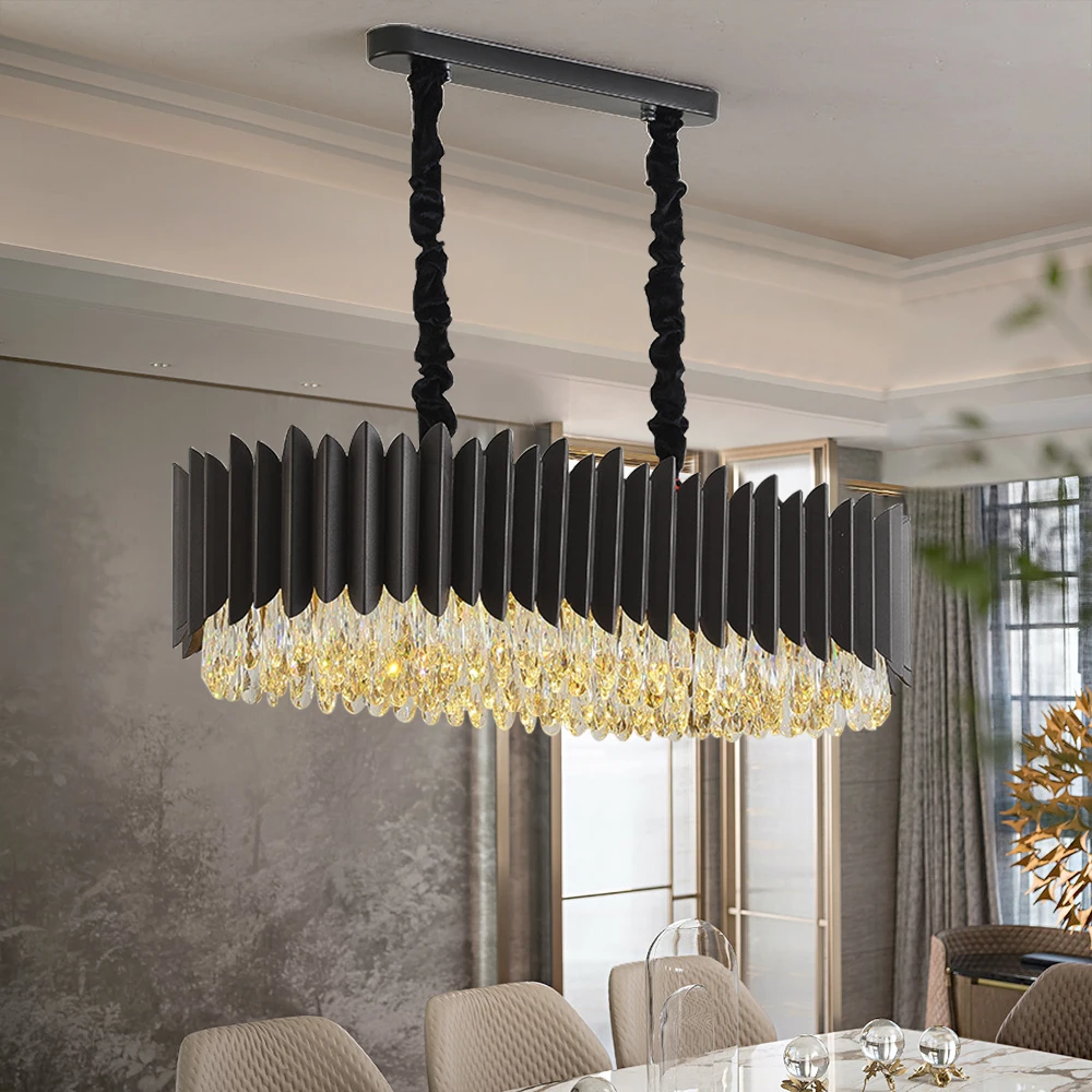 

Modern Black Chandelier For Dining Room Led Home Decor Hanging Lamp Luxury Crystal Kitchen Lighting Fixture Oval Design Lustre