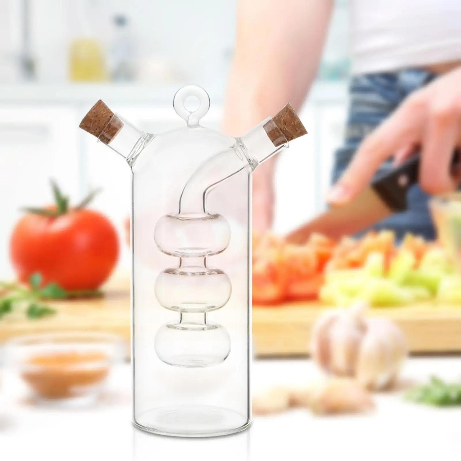 Dispenser per olio d'oliva e aceto Tappi con beccuccio doppio versatore Dispenser trasparente per salsa di soia Bottiglia di olio in vetro 2 in 1 per cucina