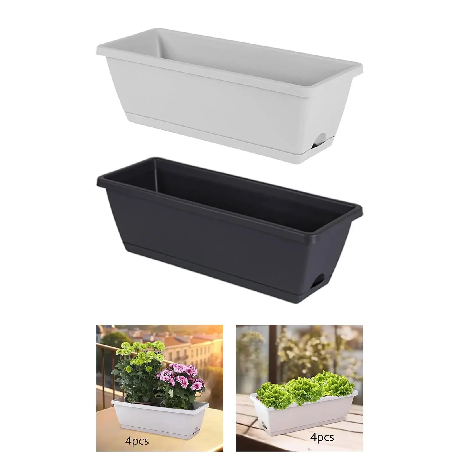 4x Window Box Planter Garden Flower Plant Pot Windowsill Trough Rectangular Pots Vegetables Growing Container for Yard Porch