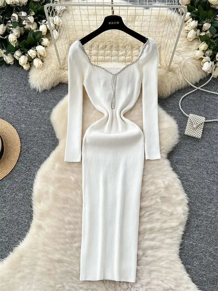 BabYoung الشتاء الديكور محبوك فساتين النساء طويلة الأكمام النمط الفرنسي مزاجه الصلبة الخريف موضة مطاطا فستان كبار