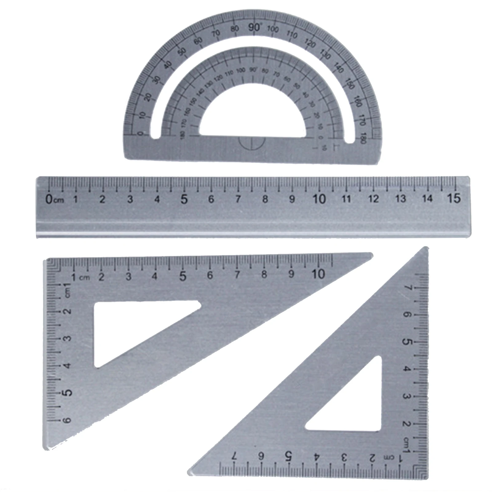 Profesor de regla de geometría matemática de aleación de aluminio, transportador triangular de dibujo escolar, escala transparente de examen, 4 Uds.