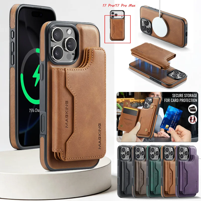 

Leather Flip Wallet Phone Case for IPhone 17 Air 16 Pro Max 16E 15 Plus 14 13 12 Cards Holder For Magsafe Funda Cover Hoesje Bag