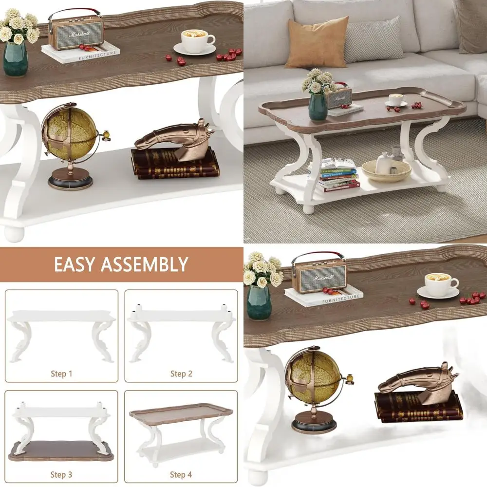 

Vintage White Rustic Sofa Table with Storage and Carved Legs for Living & Dining Rooms