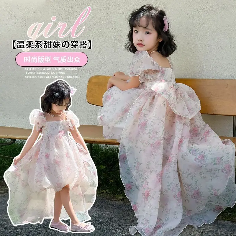Baby Girl Summer Sweet Backless Lolita Princess Gauze Pink Ball Gown Layed Lace Dress Birthday Wedding Party Eid Childen Clothes