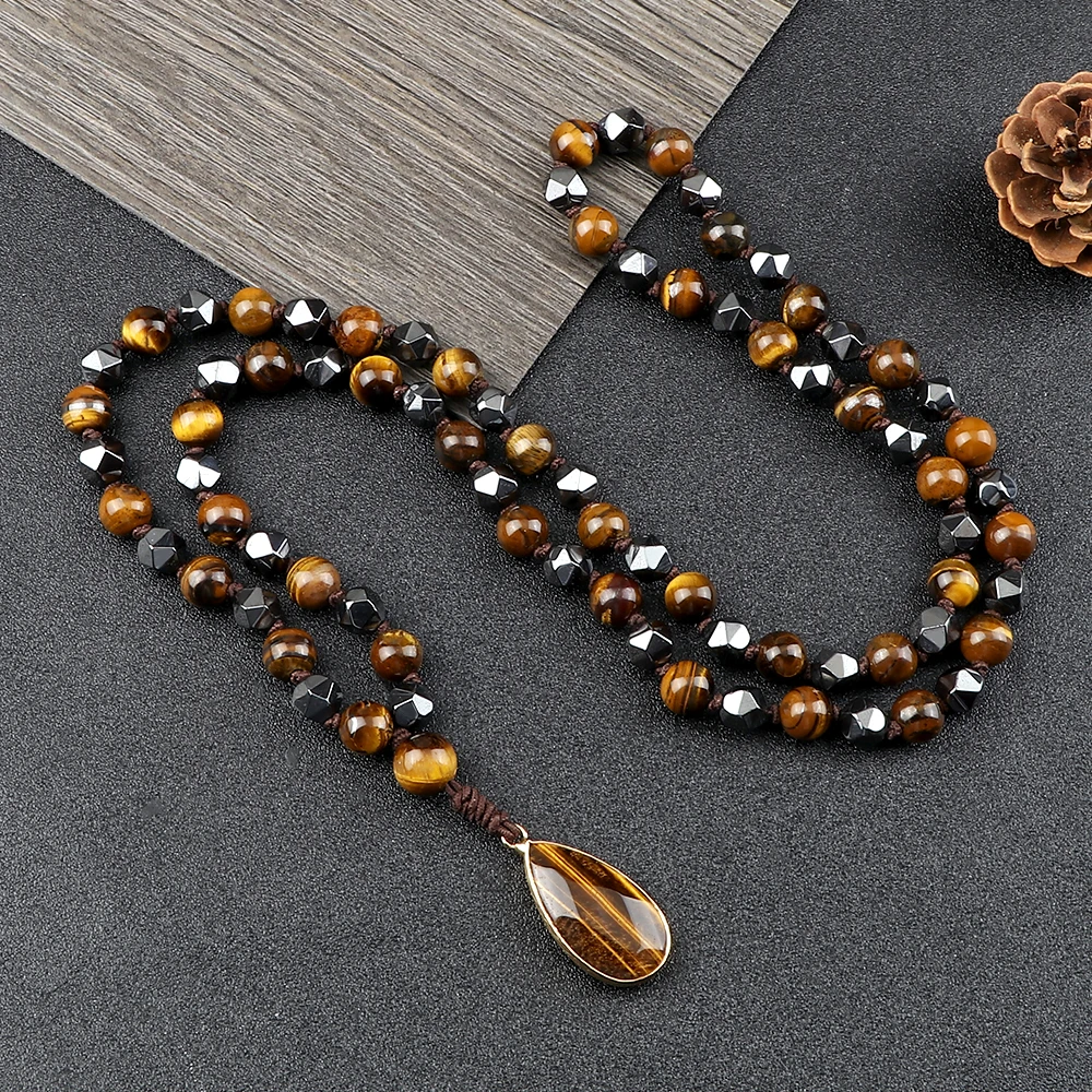 8mm Tiger Eye Stone Necklace Drop Pendant Handmade Knotted Irregular Hematite Beaded Necklaces Health Protection Mala Jewelry