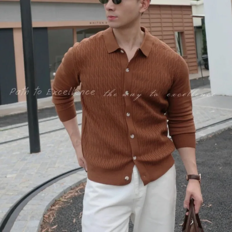 Autumn/Winter Retro Twisted Flower Shirt Collar Knitted Cardigan Men Versatile Casual Knitted Cardigan Business Social Knitwear