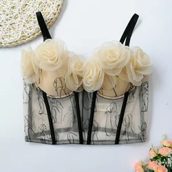 sweet embroidery sheer Three-dimensional flower Camis Slim Korean Tanks Top Elegant Basic Crop Top summer Women Bustier