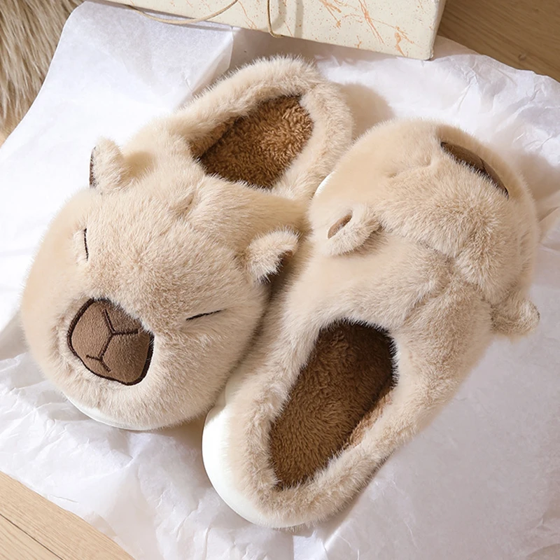 Niedliche Capybara-Baumwollpantoffeln für Damen, Herbst-Winter, Indoor, weiche Sohle, warme Fell-Slides, bequeme, rutschfeste Hausschuhe für Frauen – Detail 11