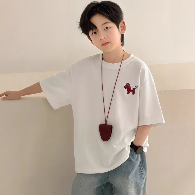 2026 New Year's Hot Selling Children's Summer Pony Embroidery Patch Pattern Round Neck T-shirt