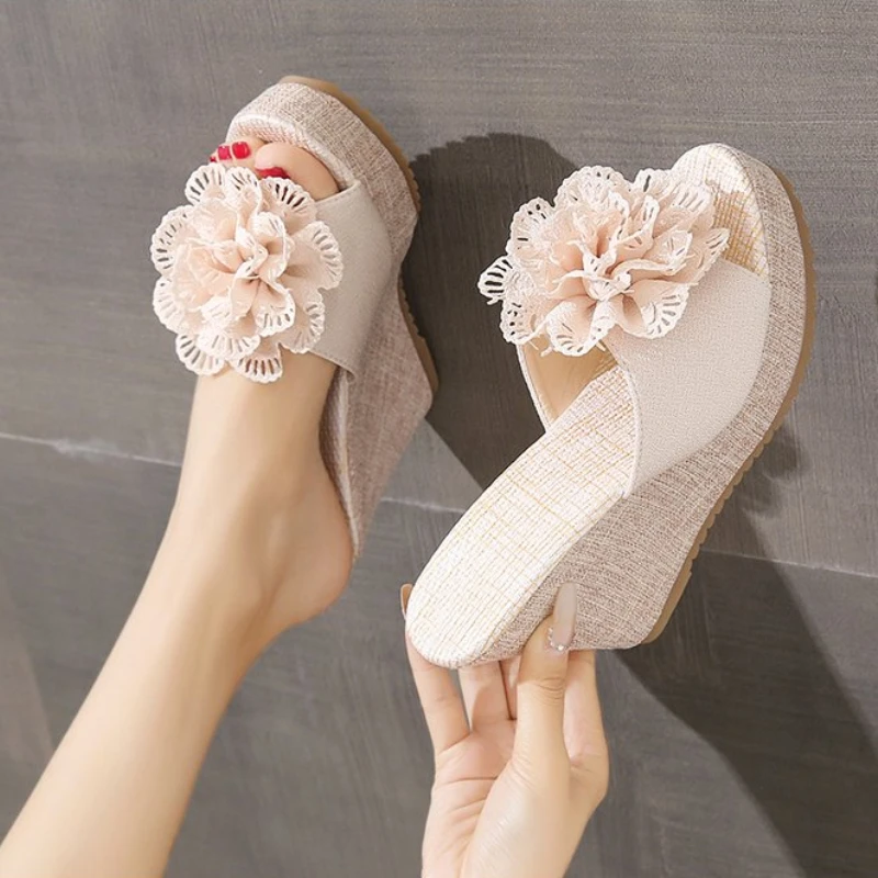 Summer Beach Platform Women Wedge Slippers Appliques Butterfly-knot Female Sandals Clog Shoes Slides Women