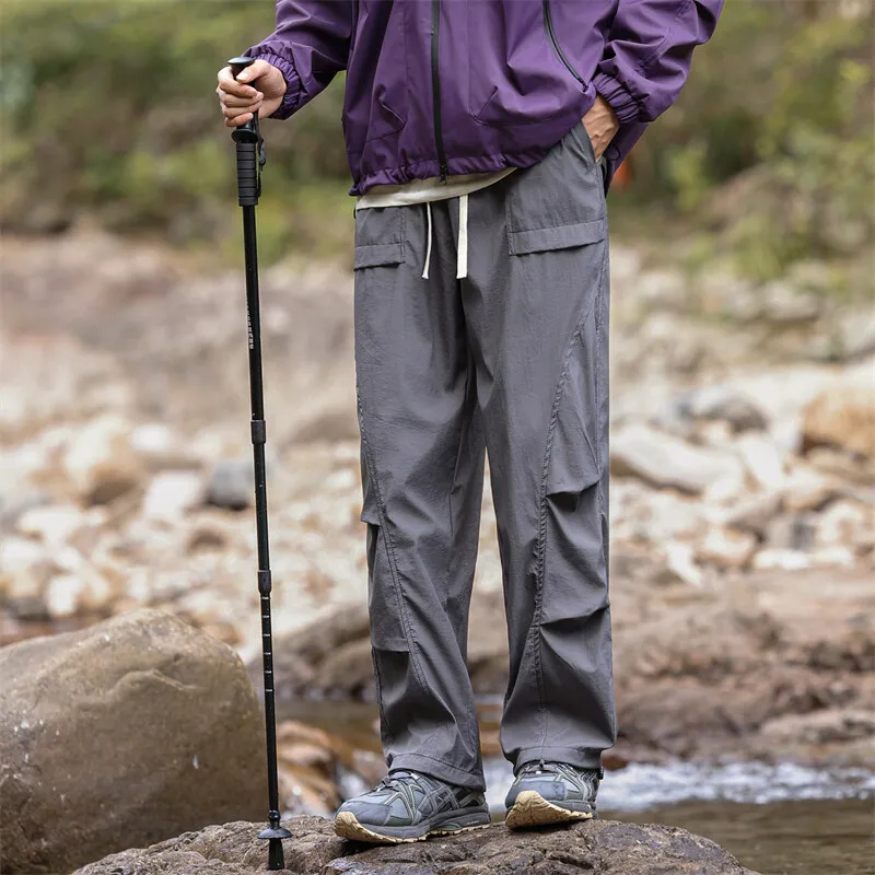 

Винтажные весенне-осенние брюки на шнурке, широкие однотонные эластичные брюки с высокой талией и карманами, мужская одежда, корейские модные брюки