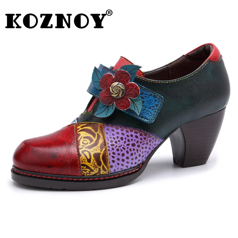 

Koznoy 4.5cm Ethnic Chunky Heel Woman Hook Appliques Flower Mixed Color Embossed Big Size Sheepskin Leather Autumn Spring Shoes