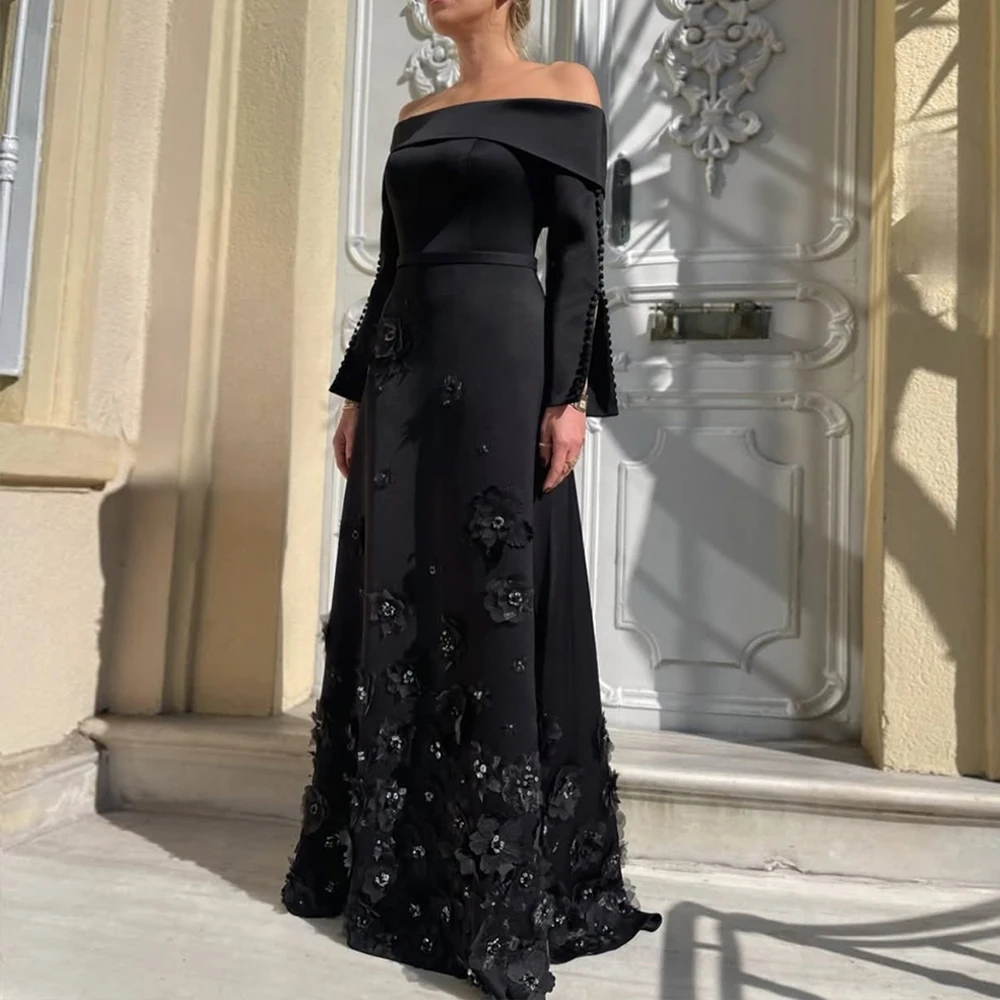 

3D Florals Evening Dresses Off Shoulder A Line Party Dress for Women Fashion Black Long Cocktail Gowns 2026