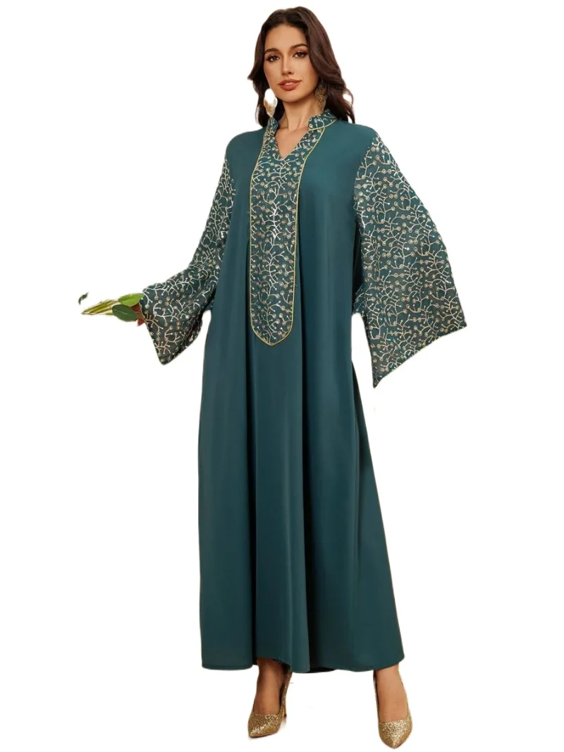 

Arabic Long Dress for Women Sequins Embroidered Jalabiya Moroccocan Kaftan Dubai Abaya Muslim Loose Dress Party Gowns Ramadan