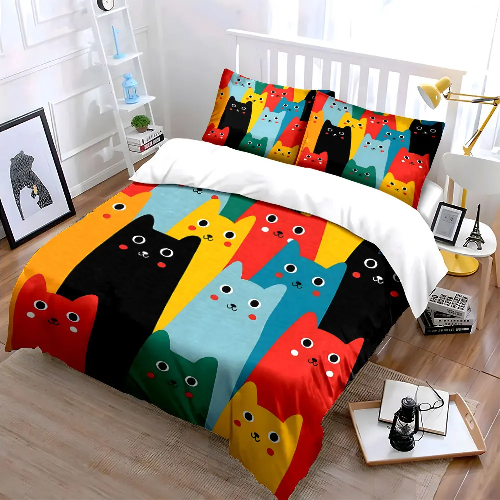 Colorful cartoon cat group Print Bedding Set 1 Duvet Cover 2 Pillowcases for Adult and Children Luxury Gift Full Size