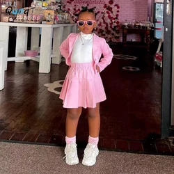 Qunq 2024 Spring New Girls Fashion Casual Solid Color Long sleeved Short Suit Cardigan Short Skirt Clothing kidsTwo piece Set