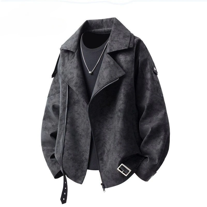 Zipper Design Trendy Jacket Cool PU Leather Motorcycle Jacket Fashion Menswear Autumn and Winter Men Double-layer Collar Slanted
