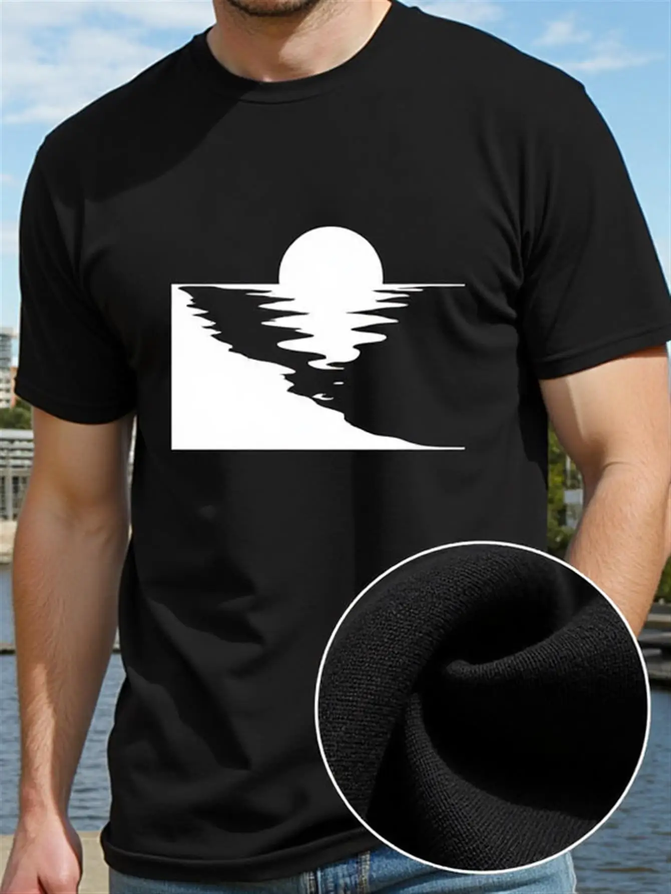 تي شيرت رجالي بنمط تجريدي من القطن بنسبة 100%، أسود مع طباعة مموجة مستوحاة من اليابانية باللون الأبيض، رقبة دائرية، أكمام قصيرة، كاجوال للارتداء اليومي والعطلات، راحة لجميع المواسم، قابلة للغسل في الغسالة #1
