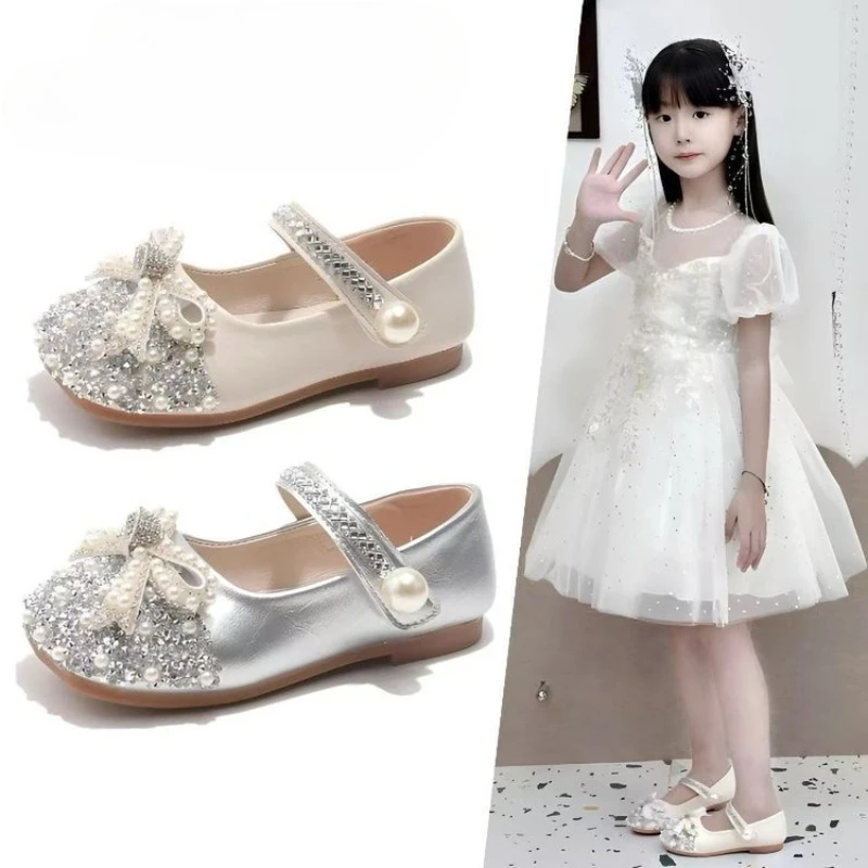 

Children Leather Shoes Princess Sequins Bowknot Little Girl Rhinestone Shoes Elegant Wedding Party Non-slip Kids Mary Jane Shoes