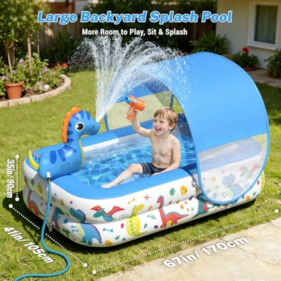 Backyard/Indoor dinosaur-themed inflatable kiddie pool with canopy sprinkler soft cushioned floor and ball pitdurable PVC blue-