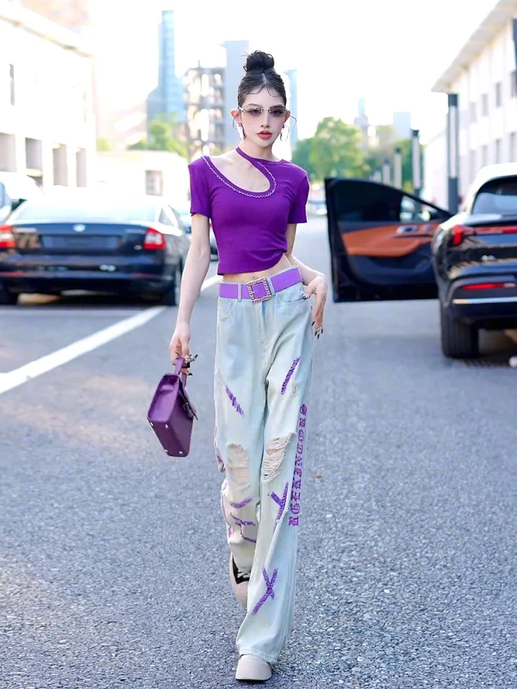 

Women's Summer Style Purple Charm Hanging Neck Revealed Clavicle Short sleeved T-shirt+High Waist Skinny Punched Jeans Set