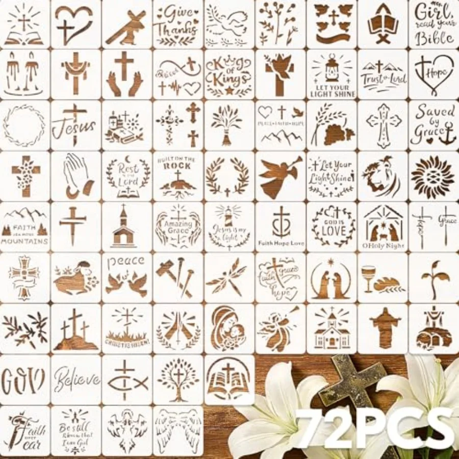 

72 Pcs Cross Stencils for Painting Set, Reusable Religious Jesus God Painting Templates - Christ Stencil Crafts Drawing Templat