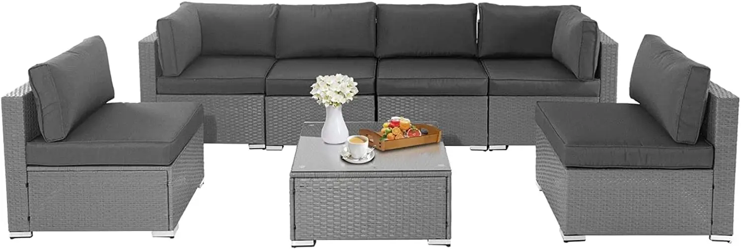 Conjunto de sofás para muebles de exterior, sofá seccional de mimbre gris para todo tipo de clima,