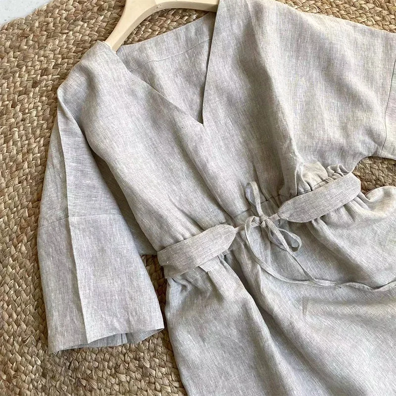 lin-dr-pur-lin-materiel-confortable-ample-maison-vetements-spwear-v-ne-mi-manches-saison-d'ete-decontracte-scene-de-maison