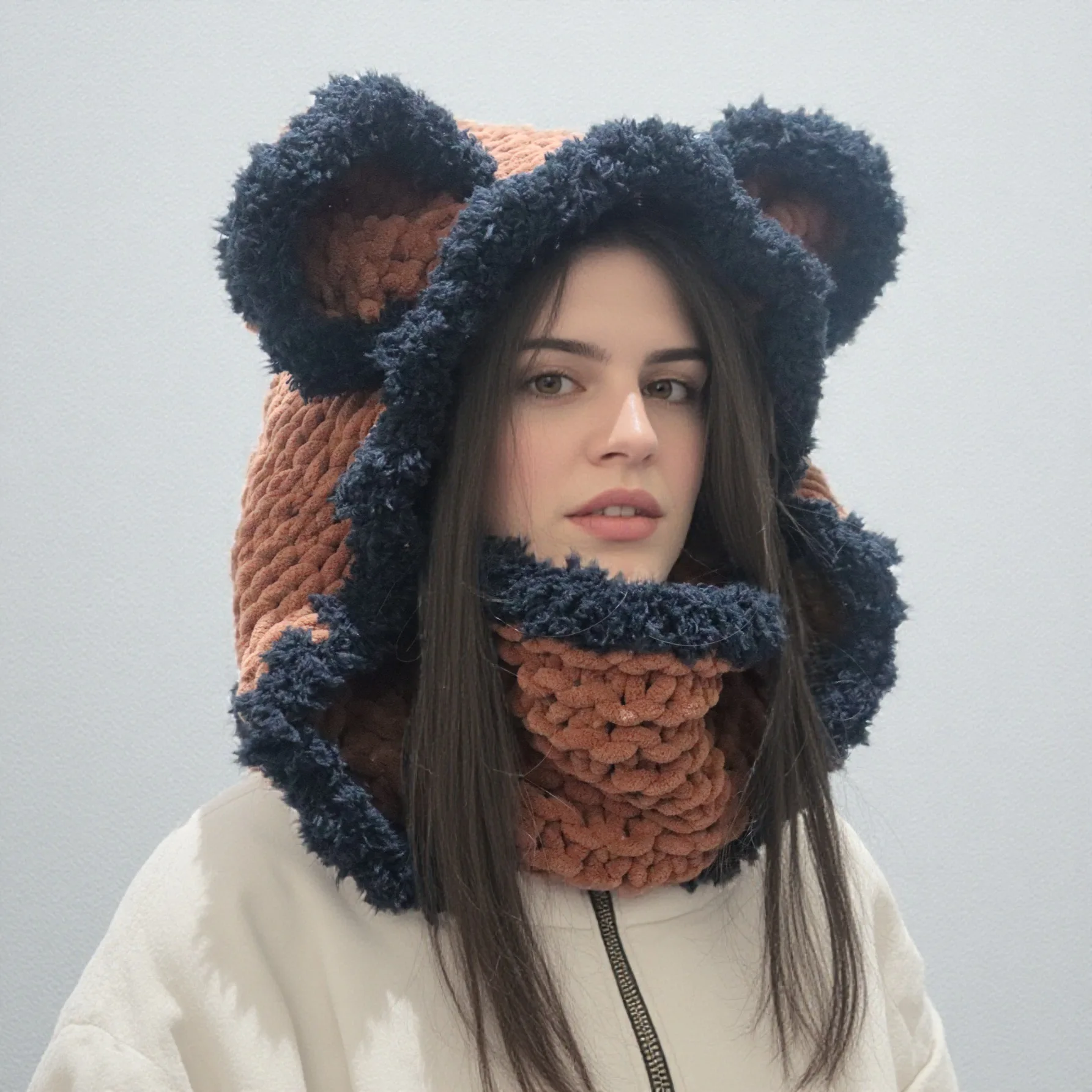 New Bear-Style Round Ear Warm Fleece Knitted Hat for Women, Cute Face Mask Winter Ski Cap.